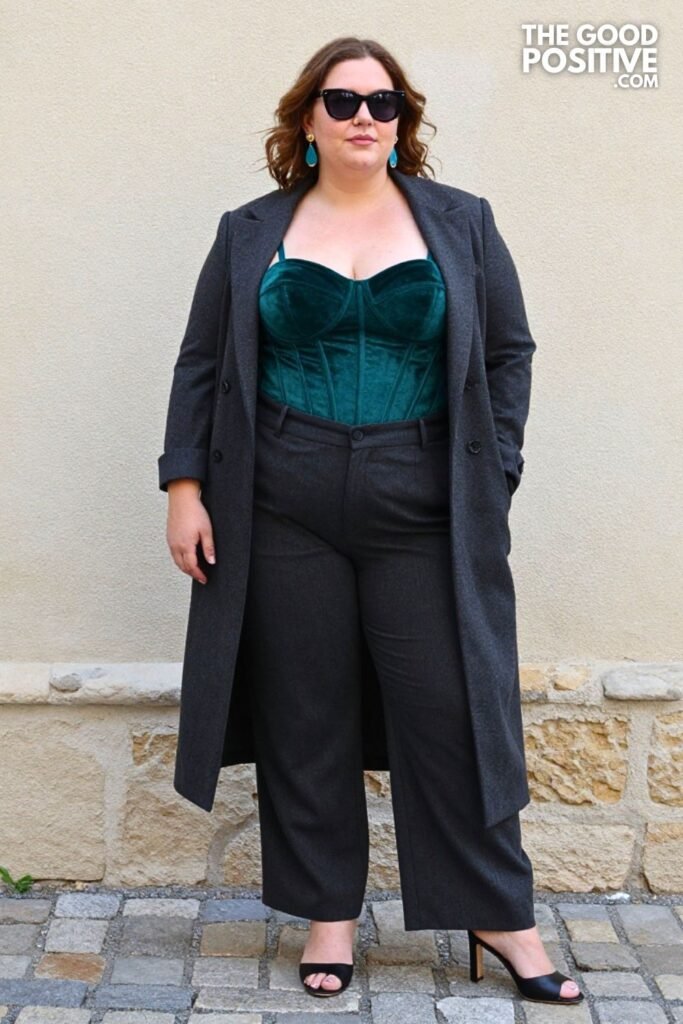Plus Size Deep Teal Velvet Bustier Top With Tailored Wide-Leg Trousers Outfit