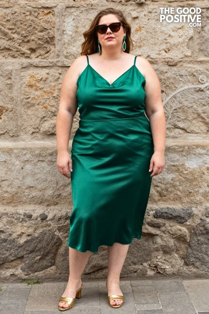 Plus Size Emerald Green Satin Tea Length Dress With Heeled Mules Outfit