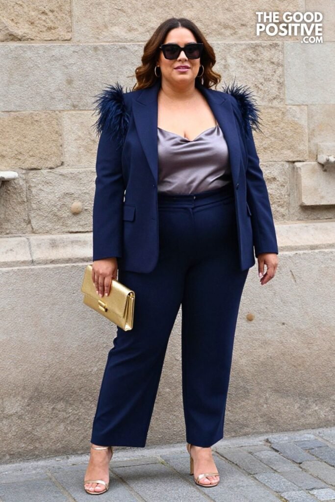 Plus Size Feather-Trim Shoulder Blazer With Tailored Trousers and Cami Outfit