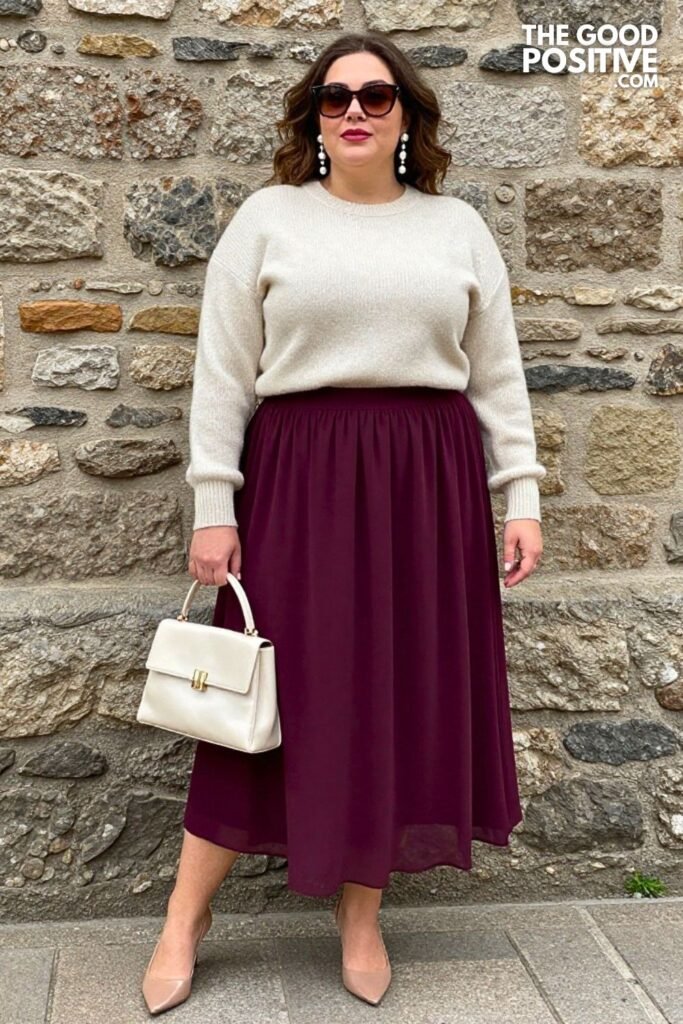 Plus Size Flounce-Hem Chiffon Midi Skirt With Fitted Cashmere Crewneck Outfit