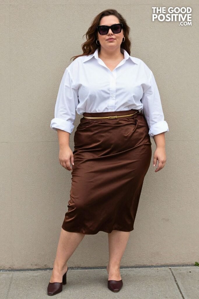 Plus Size Gathered-Waist Bias-Cut Midi Skirt With Oversized Tailored Shirt Outfit
