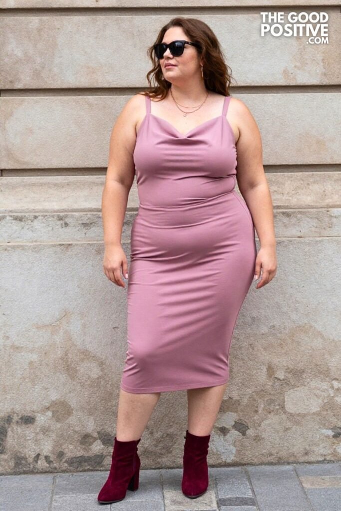Plus Size Mauve Pink Cowl Neck Dress With Burgundy Accessories Outfit