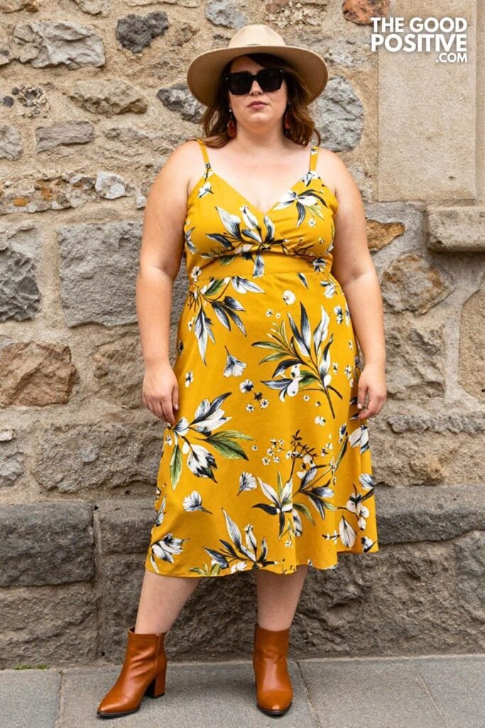 Plus Size Mustard Yellow Floral Midi Dress With Brown Boots Outfit