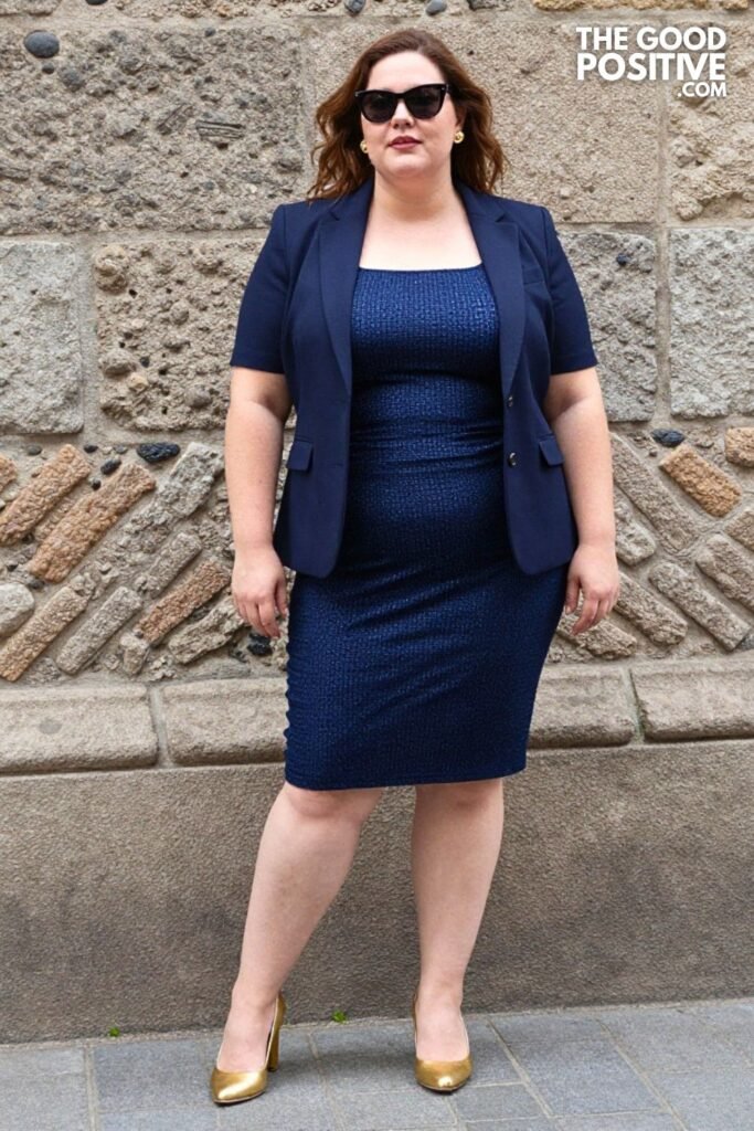 Plus Size Navy Blue Jacquard Dress With Blazer And Heels Outfit