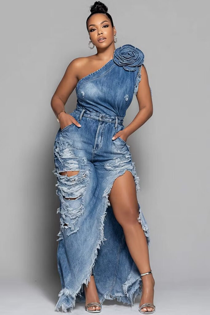 Plus Size Party Blue One Shoulder 3D Distressed Denim Two Pieces Skirt Set
