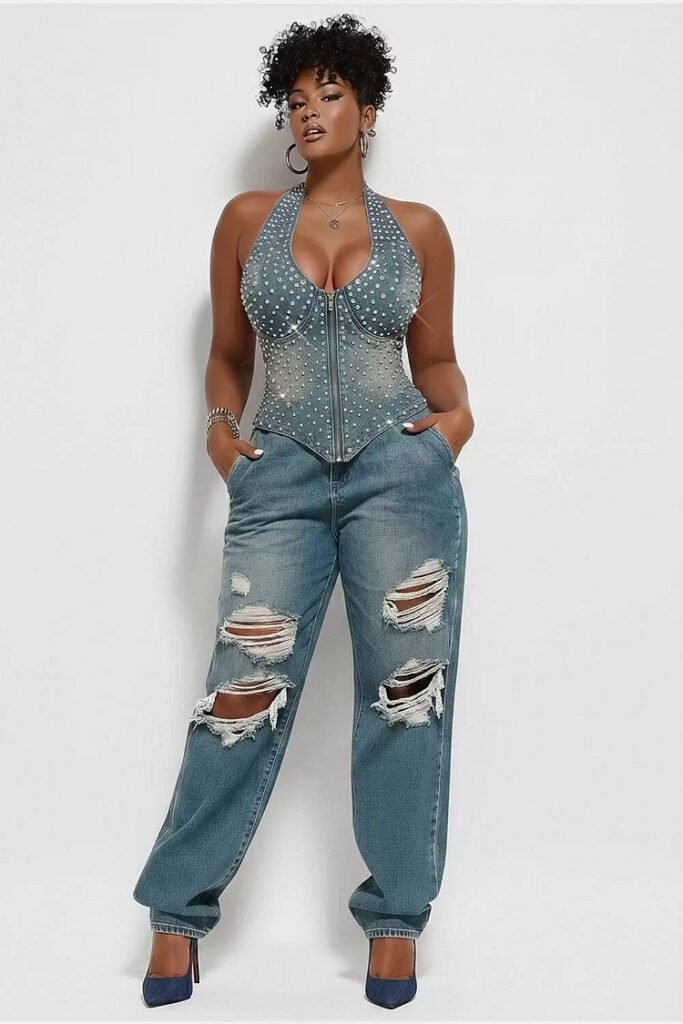 Plus Size Party Casual Light Blue V Neck Drilling Zipper Denim Tank Top