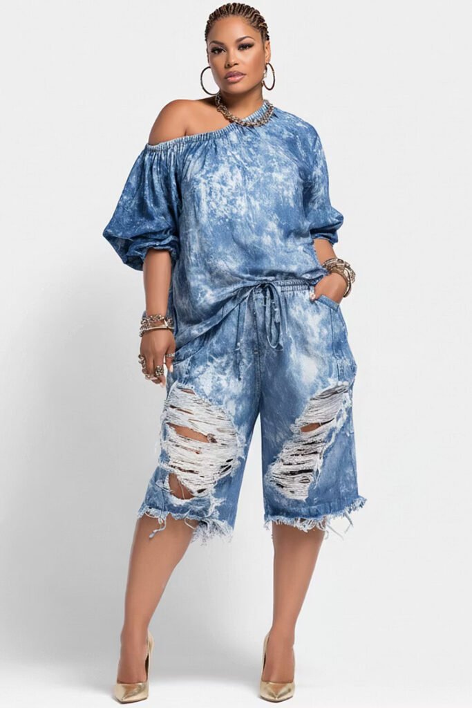 Plus Size Party Light Blue Oblique Collar Puff Sleeve Short Sleeve Distressed Pocket Denim Two Piece Short Set