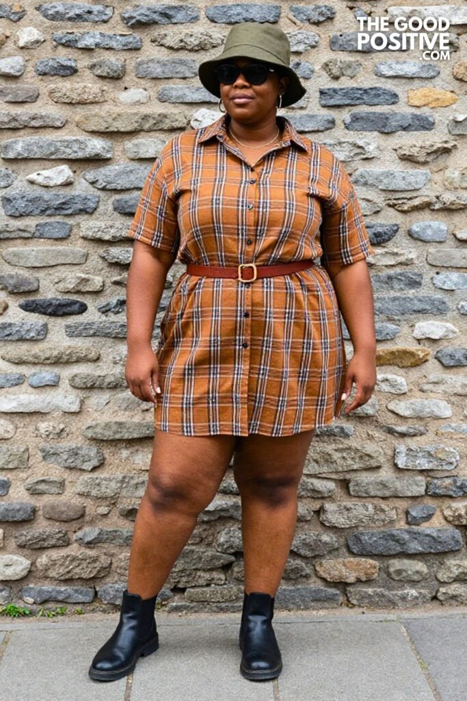 Plus Size Plaid Shirtdress With Leather Belt And Chelsea Boots Outfit