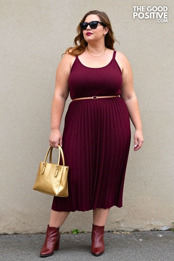 Plus Size Rich Mahogany Drop-Waist Pleated Midi Dress With Knee-High Boots Outfit