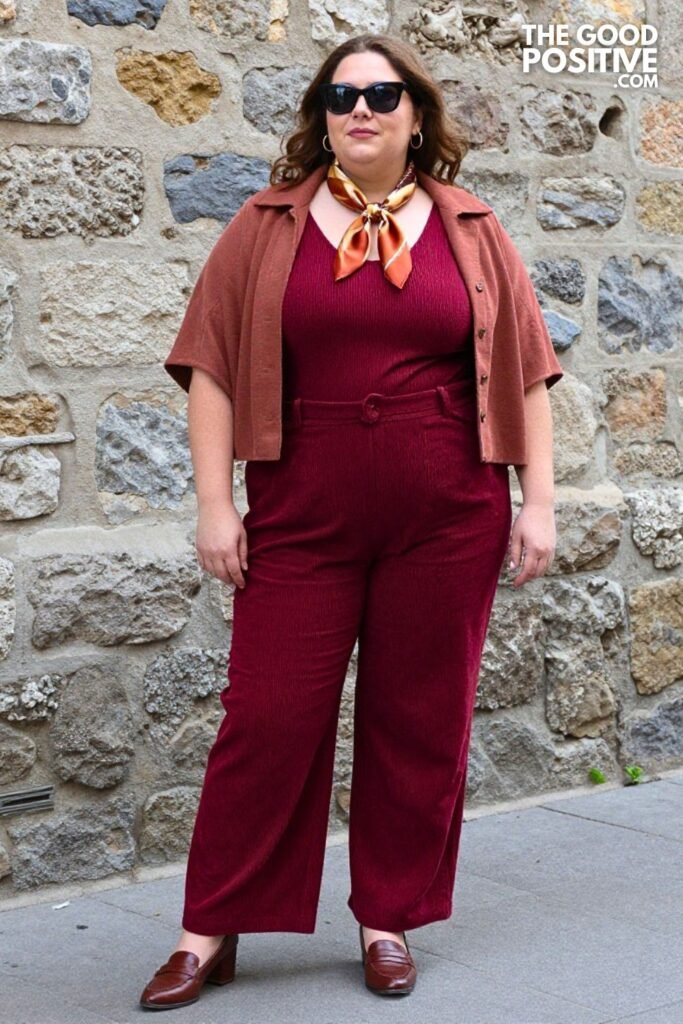 Plus Size Russet Corduroy Wide-Leg Jumpsuit With Cape-Detail Jacket Outfit
