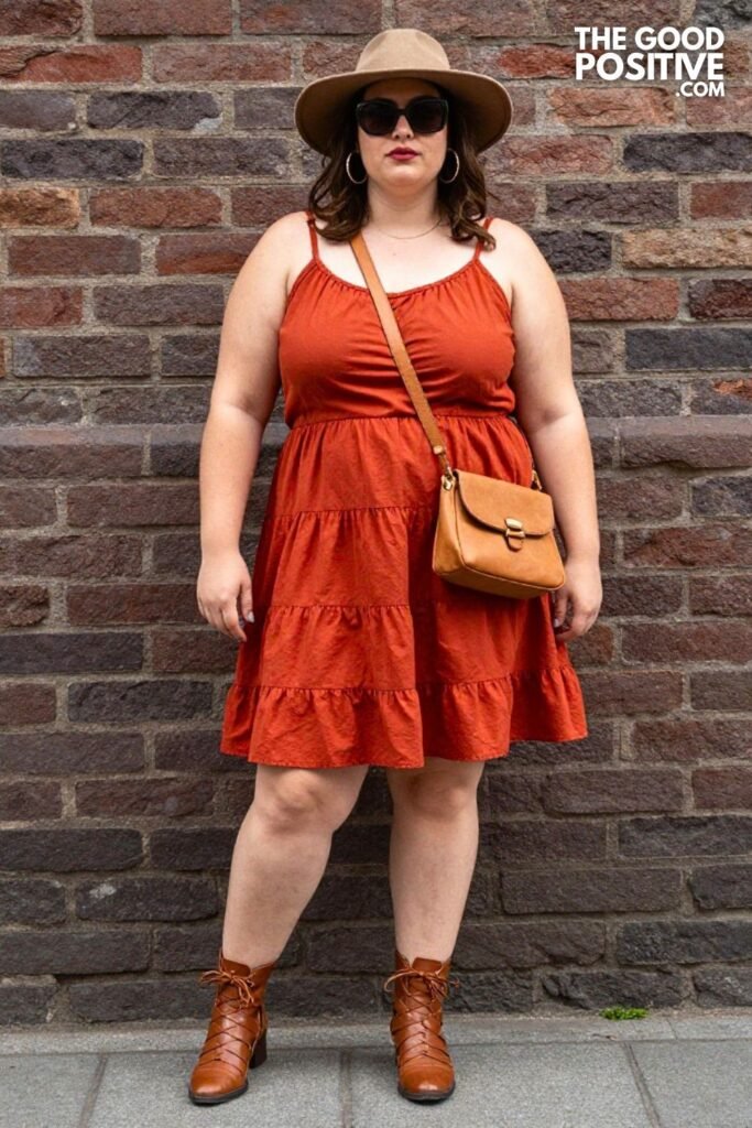 Plus Size Terracotta Tiered Midi Dress With Cognac Belt Bag Outfit