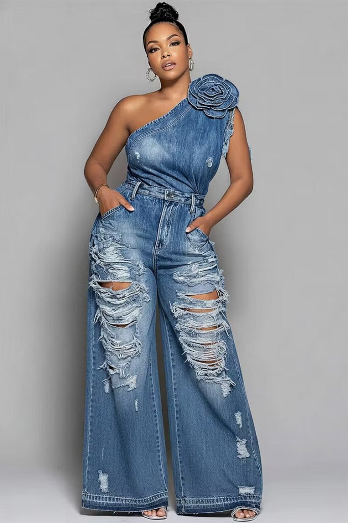 Plus Size Vacation Casual Blue One Shoulder 3D Distressed Denim Two Piece Pant Set