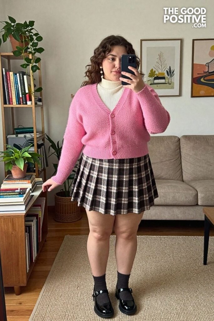 Princess Pink Cardigan, Plaid Skirt, and Mary Janes