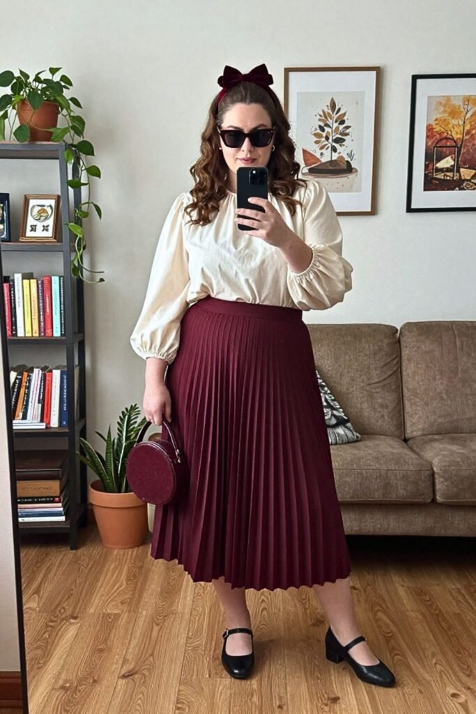 Puff-Sleeve Blouse, Pleated Skirt, and Mary Janes