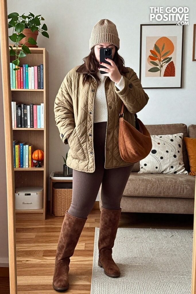 Quilted Barn Jacket with Thermal Leggings and Tall Suede Boots