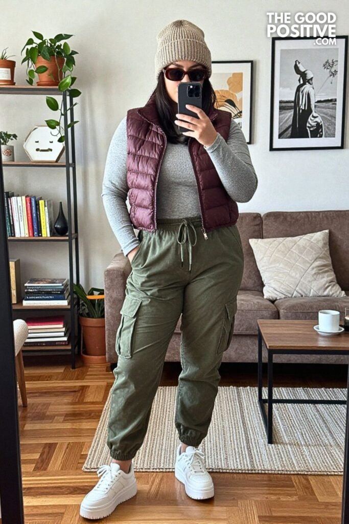 Quilted Vest, Cargo Joggers and Chunky Sneakers