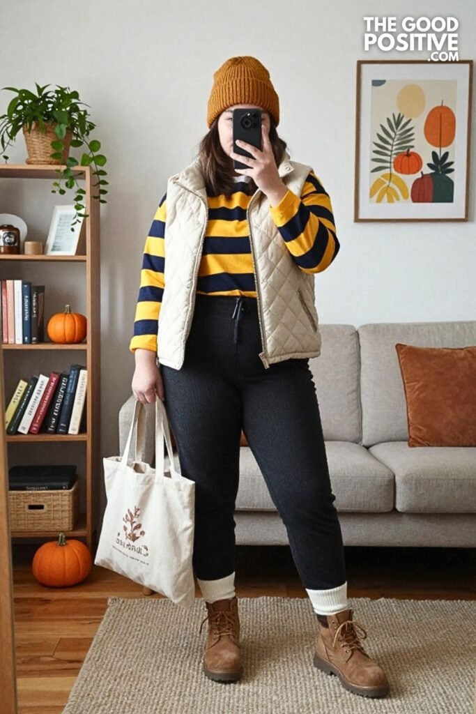 Quilted Vest with Striped Rugby Shirt and Thermal Joggers