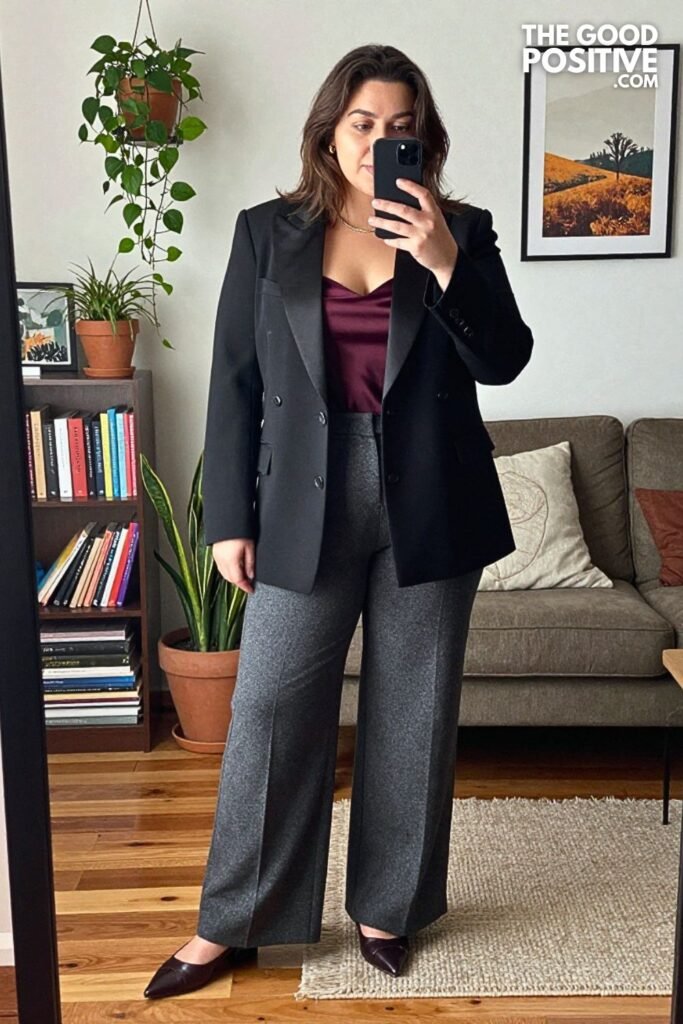 Reimagined Tuxedo Blazer, Silk Camisole, and Wool Trousers