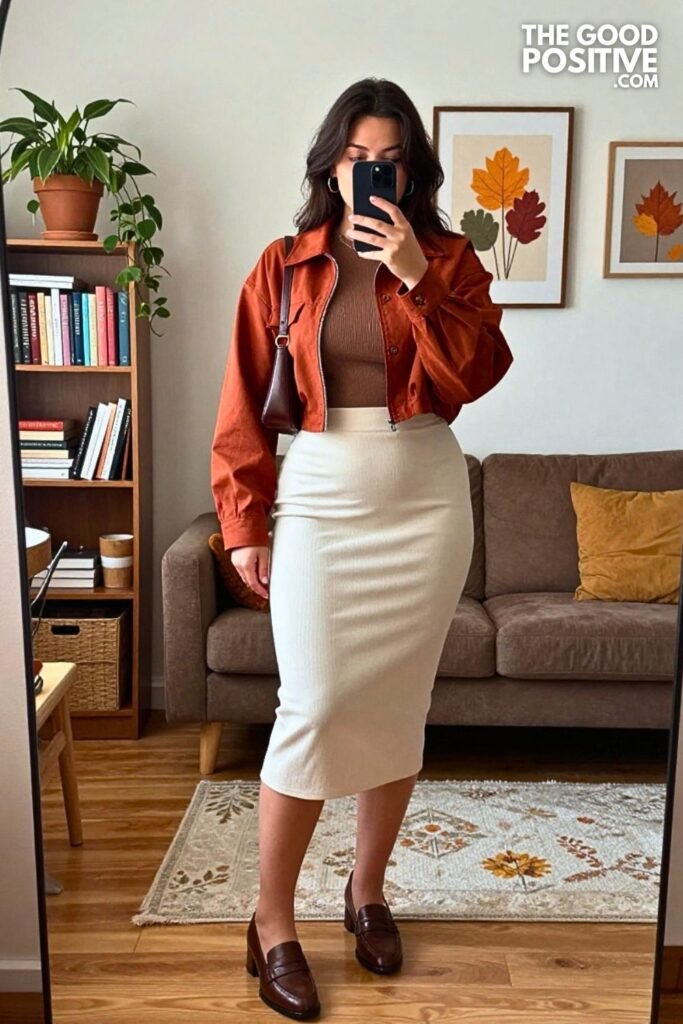 Rust Cropped Barn Jacket with Ivory Bubble Hem Skirt