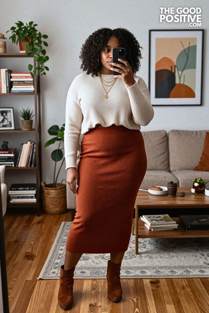 Rust Knit Maxi Skirt, Cropped Sweater, and Ankle Boots