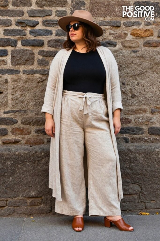 Rust Linen Wide-Leg Trousers, Fitted Bodysuit, Longline Cardigan