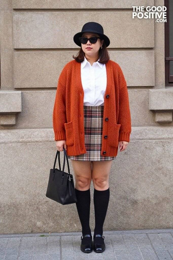 Rust Orange Knit Cardigan, White Collared Shirt, Plaid Mini Skirt, and Mary Janes