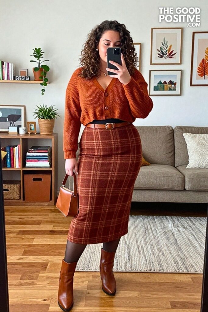 Rust Plaid Bias Midi Skirt with Cropped Cardigan and Cognac Short Boots