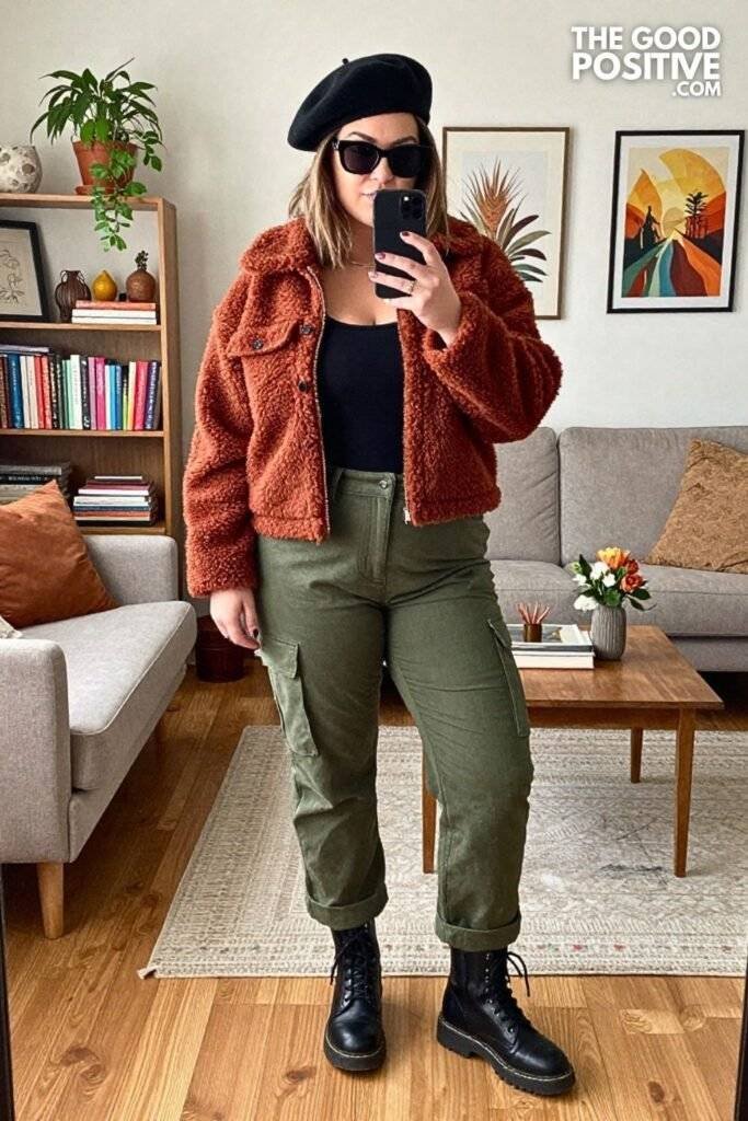 Rust Sherpa Shacket With Straight Cargo Pants and Lace-Up Combat Boots