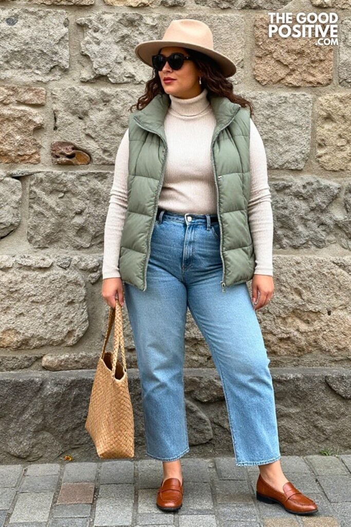 Sage Green Quilted Vest, Cream Ribbed Turtleneck, Straight Jeans, Loafers