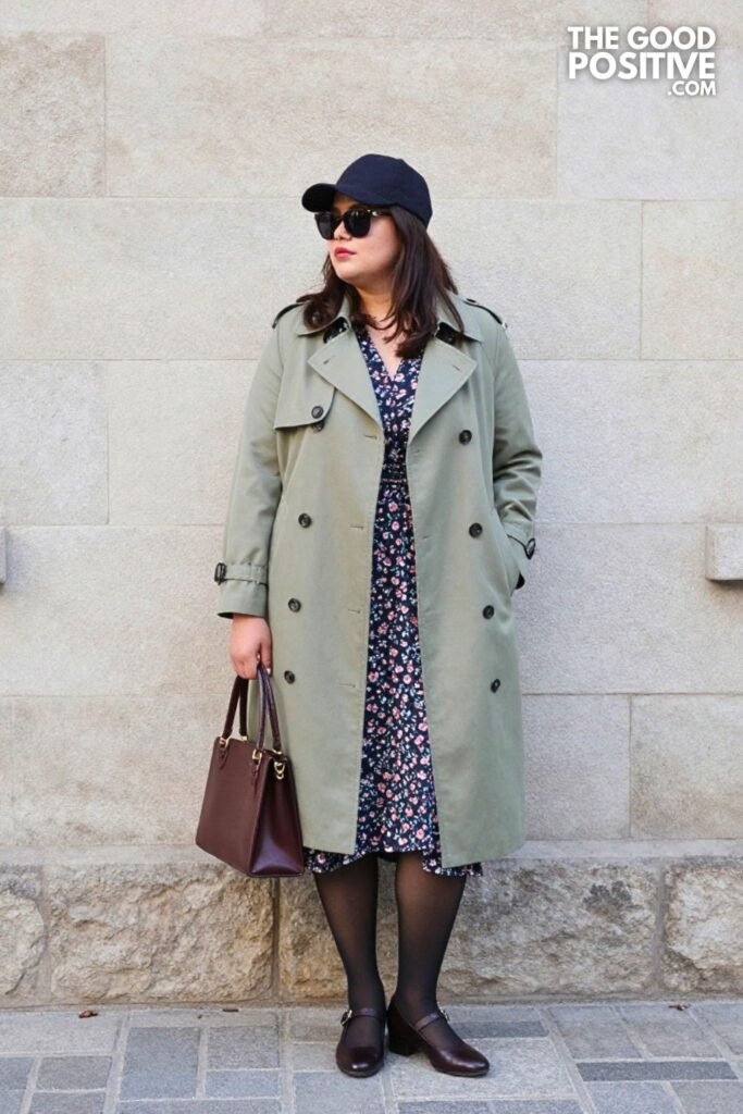 Sage Green Trench Coat, Floral Dress, Sheer Tights, and Mary Jane Pumps