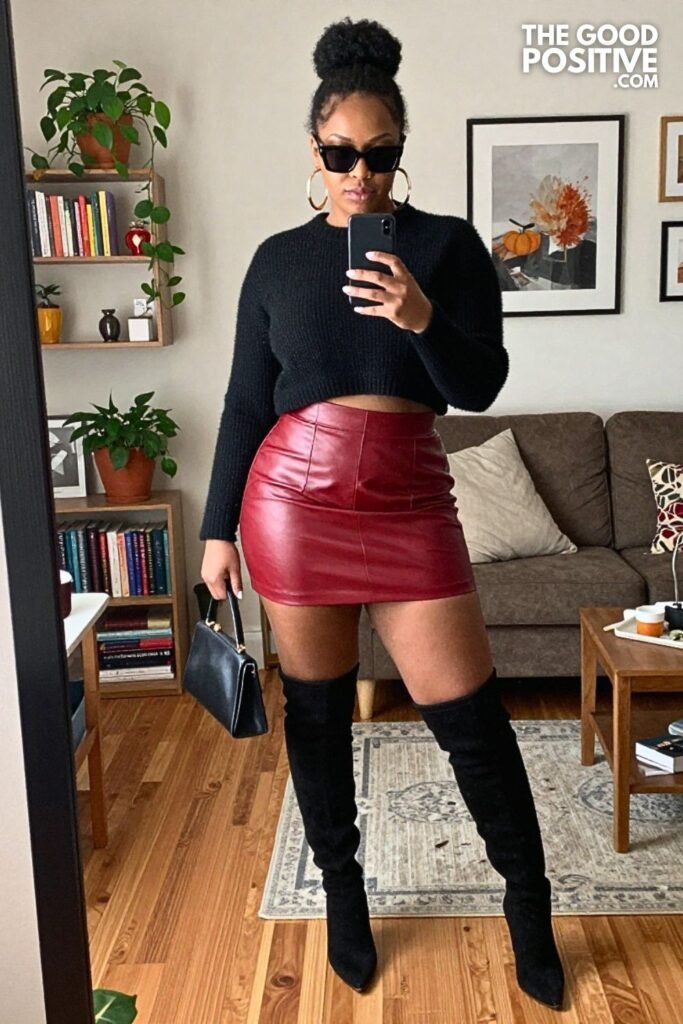 Scarlet Faux Leather Mini Skirt, Cropped Sweater, and Thigh High Boots
