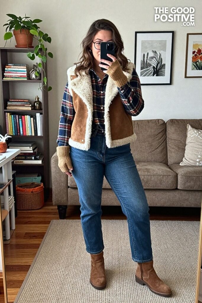Shearling Lined Vest, Flannel Shirt, and Straight Leg Jeans