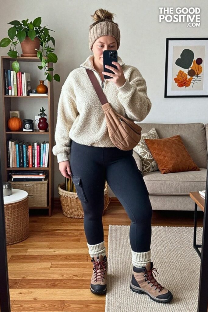 Sherpa Half-Zip Pullover with Cargo Leggings and Hiking-Inspired Boots