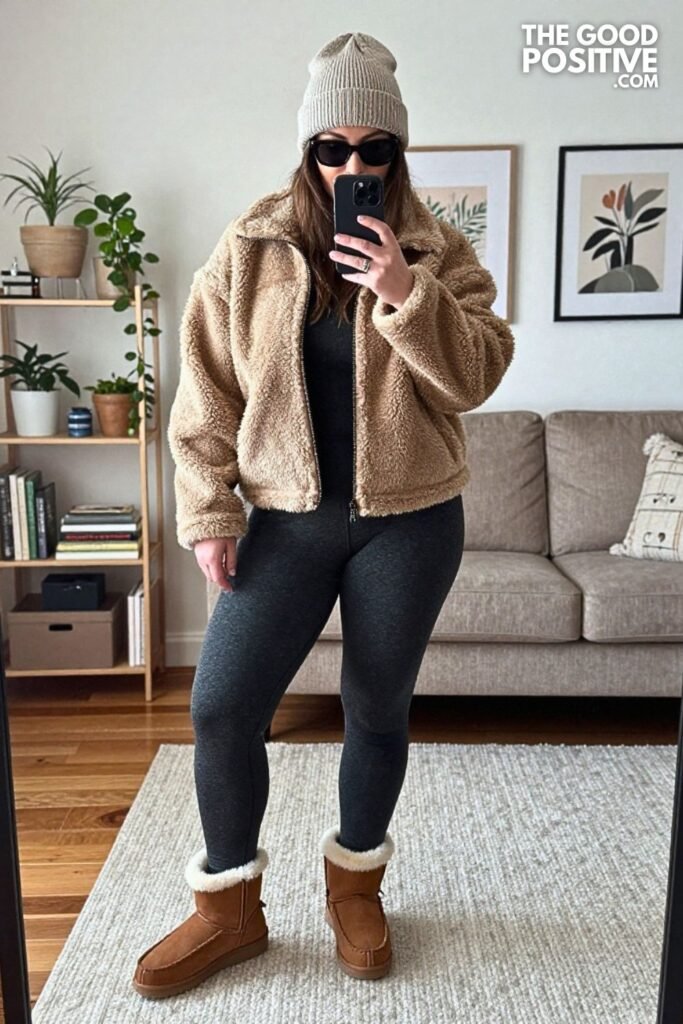 Sherpa Zip-Up, Thermal Leggings and Fleece-Lined Moccasin Boots