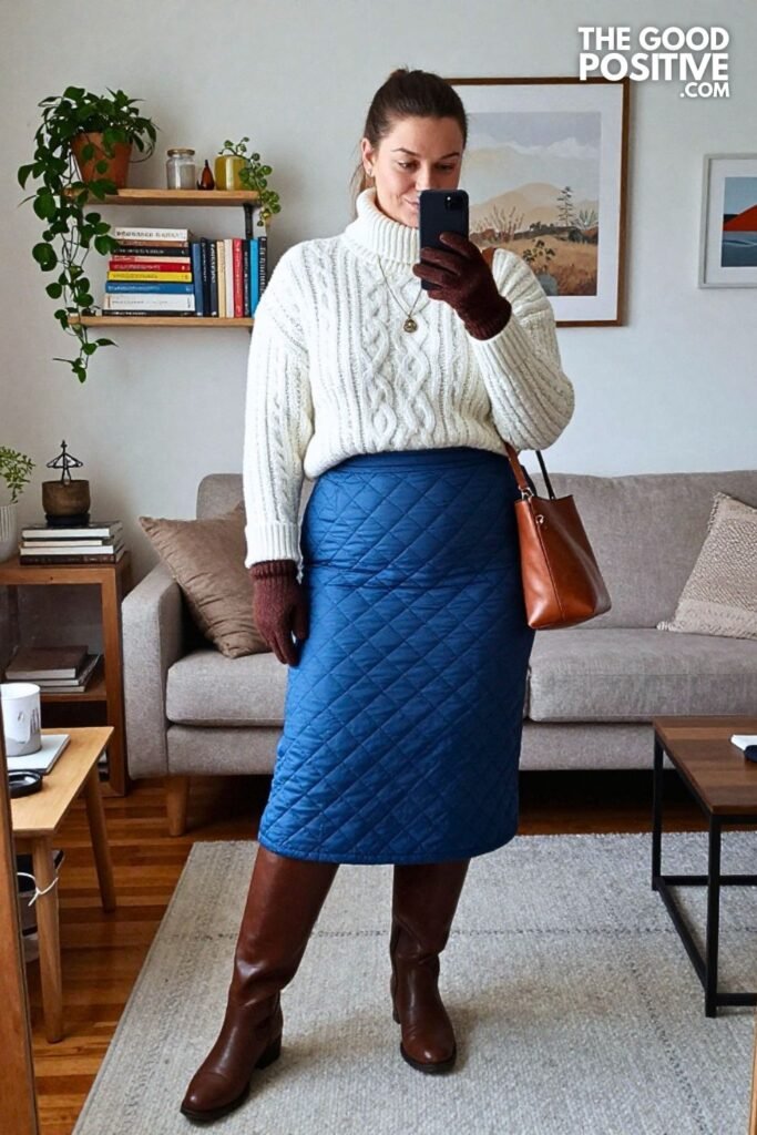 Slate Blue Quilted Midi Skirt with Cable Turtleneck and Riding Boots