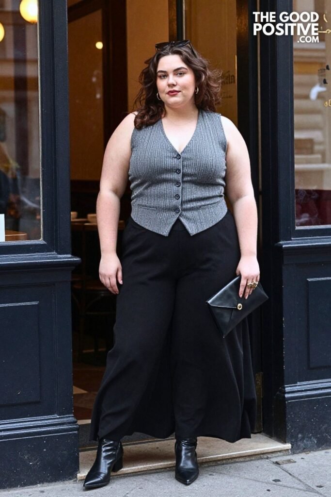 Slate Pinstripe Vest with Flowing Palazzo Pants