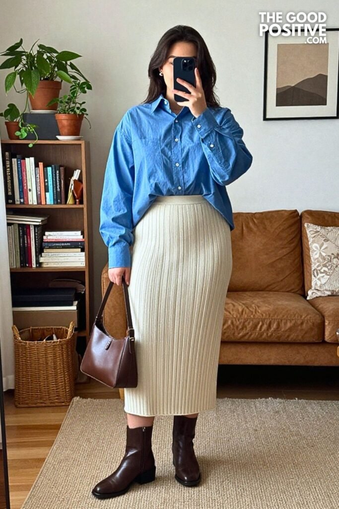Smoke Blue Poplin Shirt with Pleated Knit Column Skirt