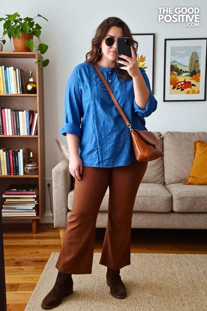 Steel Blue Chambray Tunic with Tobacco Kick Flare Pants