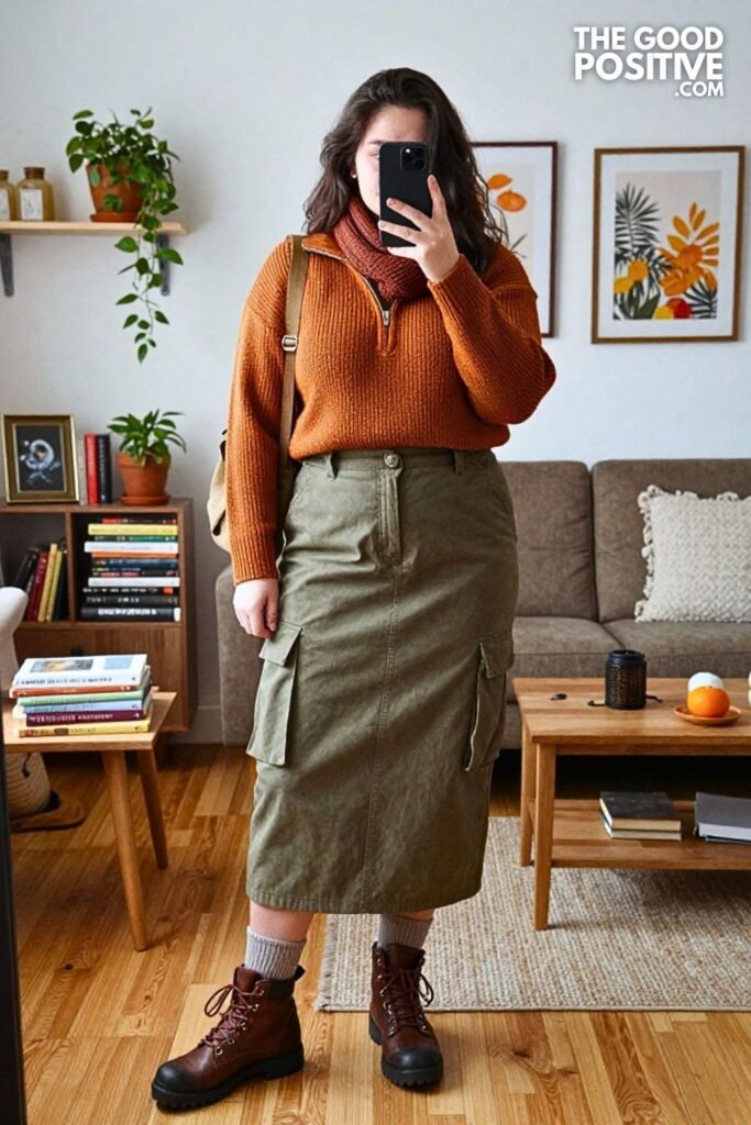 Stone Twill Cargo Midi Skirt with Half-Zip Knit and Hiking Boots
