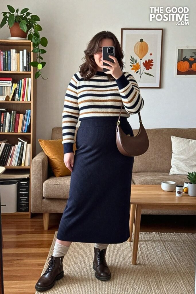 Striped Funnel Neck Sweater with Jersey Maxi Skirt and Moto Boots