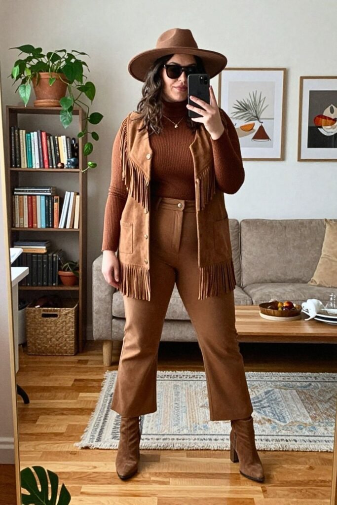 Suede Vest, Turtleneck, and Flared Trousers