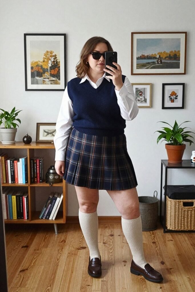 Sweater Vest, Pleated Skirt, and Loafers