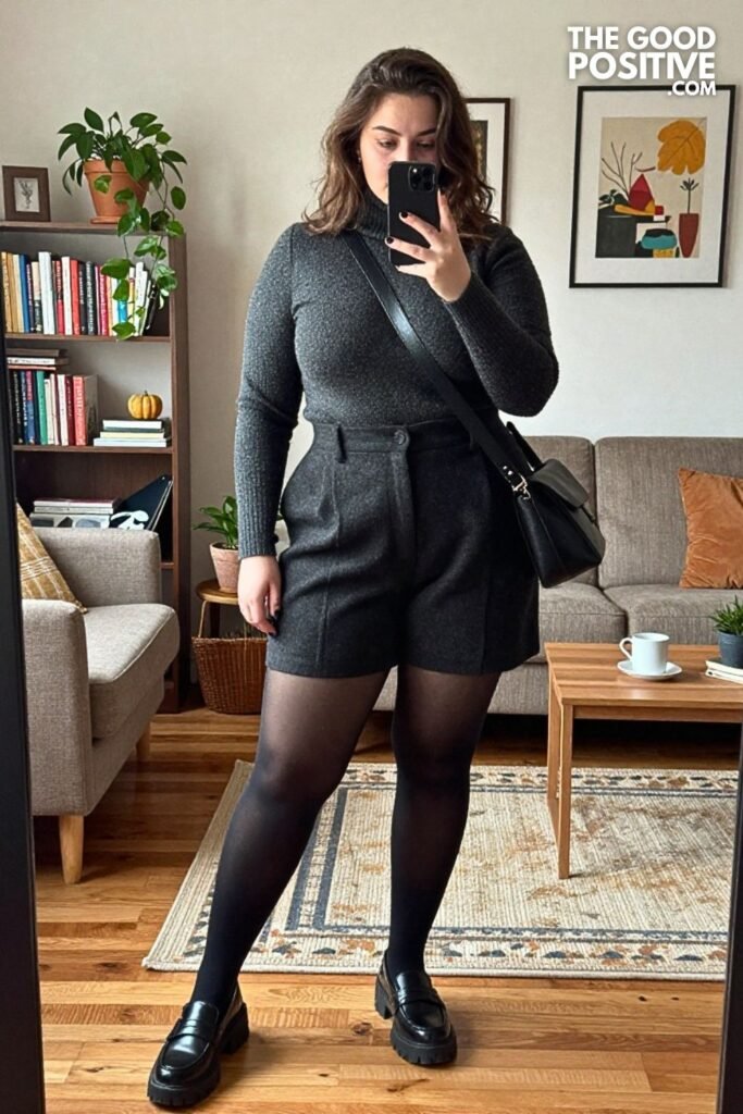 Tailored Wool Shorts, Opaque Tights, and Chunky Loafers