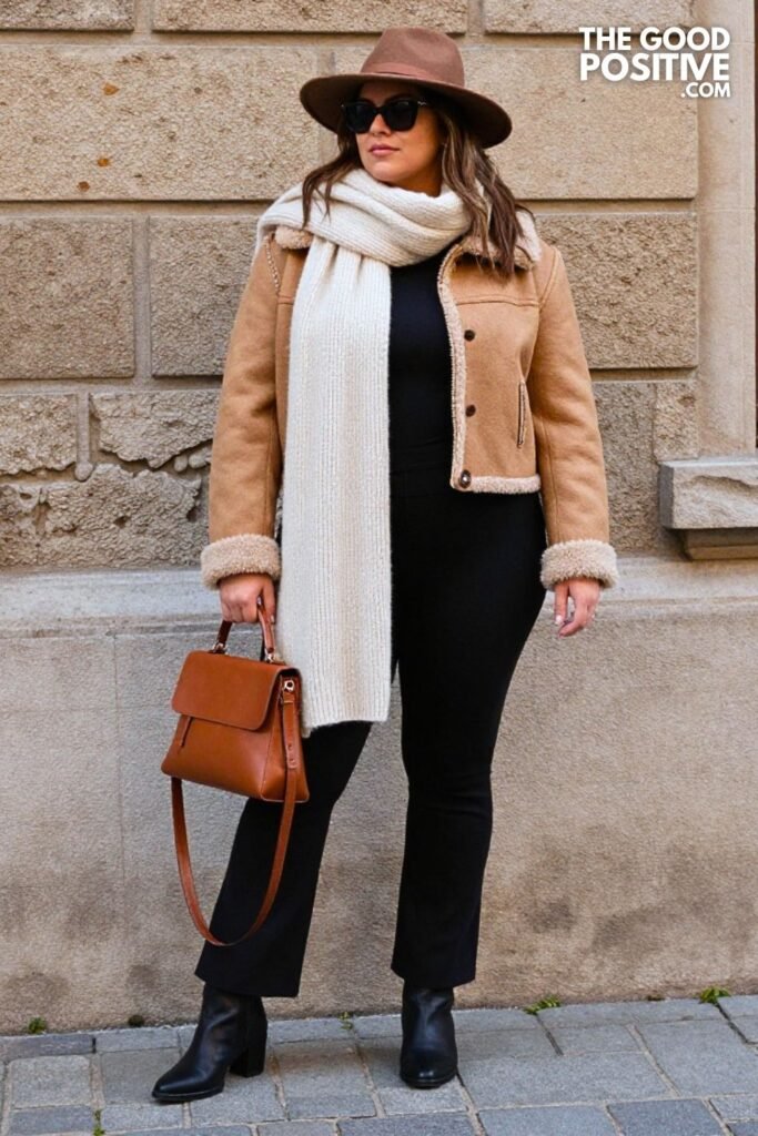 Tan Shearling Jacket, Black Flared Leggings, Ankle Boots, Oversized Scarf