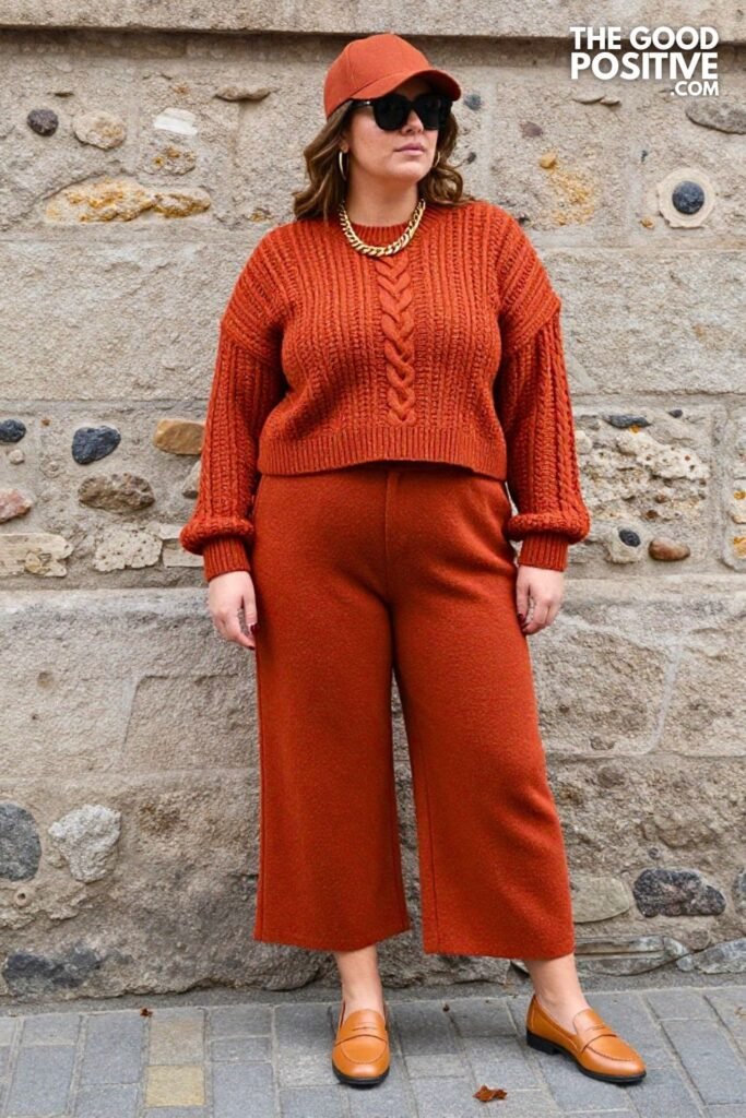 Terracotta Knit Co-ord Set, Gold Jewelry, Loafers