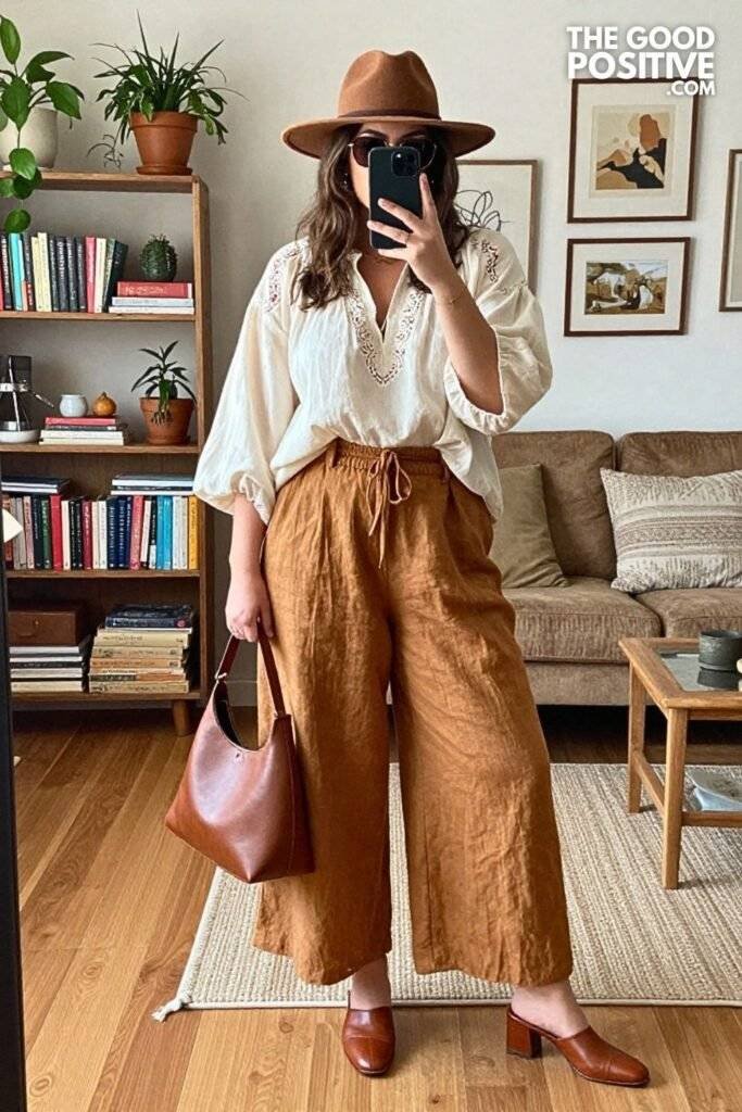Terracotta Linen Wide-Leg Pants With Embroidered Blouse and Block-Heel Mules