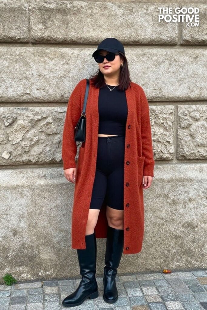 Terracotta Longline Cardigan, Biker Shorts, Knee-High Boots, and Cropped Tank