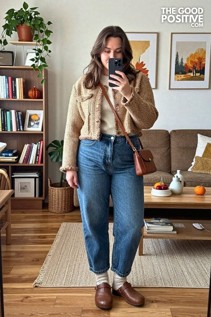 Textured Bouclé Jacket with Barrel Jeans and Leather Clogs