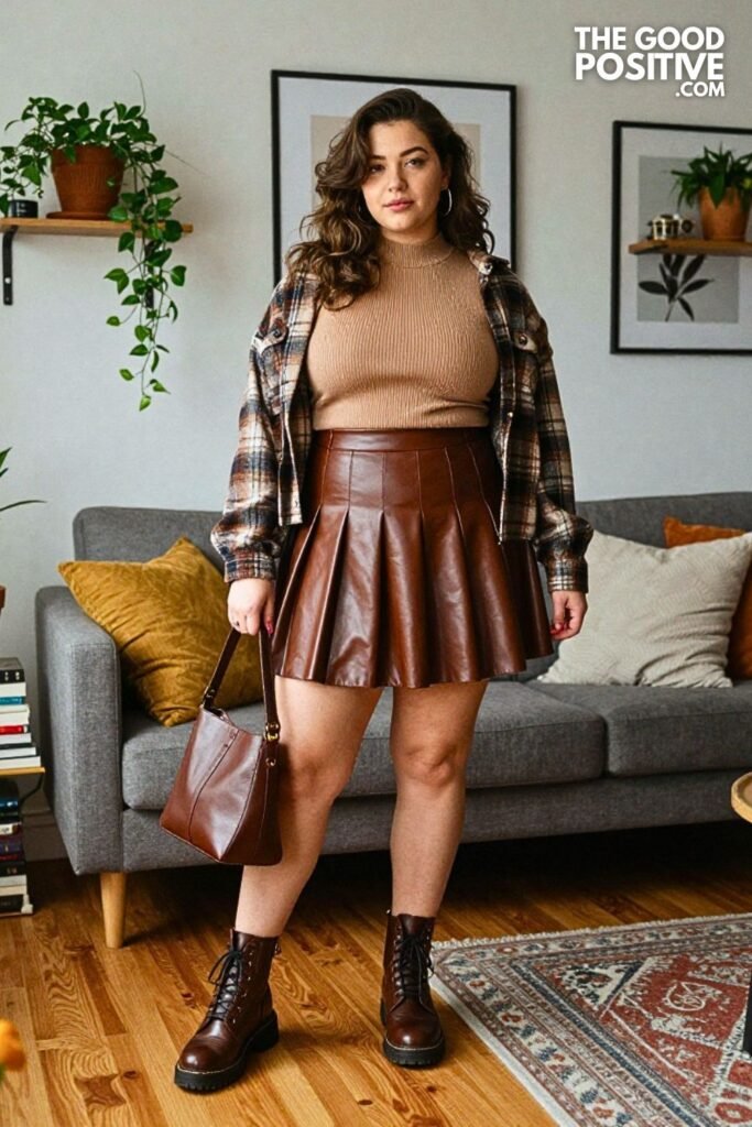 Tobacco Faux Leather Pleated Midi Skirt with Overshirt and Combat Boots
