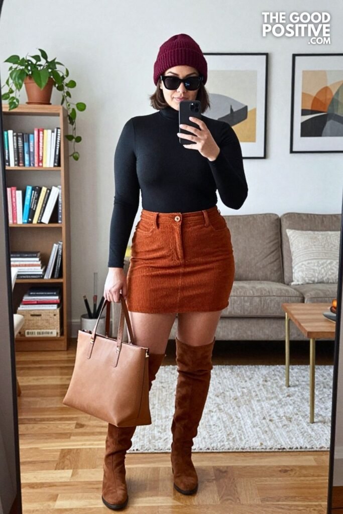 Turtleneck Bodysuit, Corduroy Mini Skirt and Over-The-Knee Boots